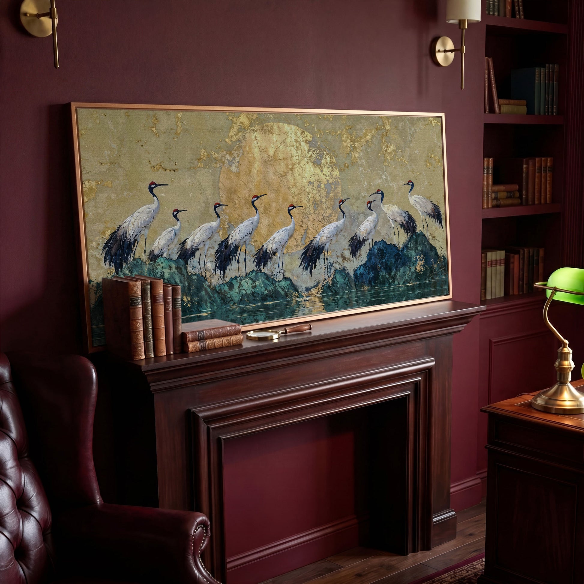 Japanese Cranes with Golden Moon Canvas in antique gold floating frame