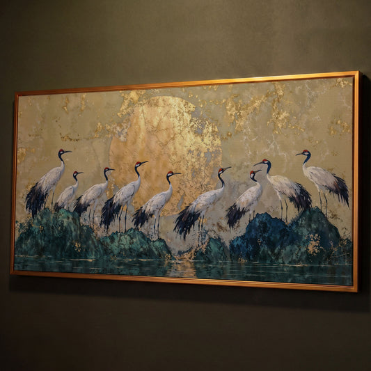 Japanese Cranes with Golden Moon Canvas shown in antique gold floating frame