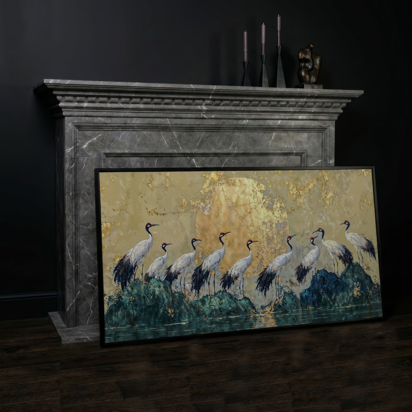 Japanese Cranes with Golden Moon Canvas in black floating frame
