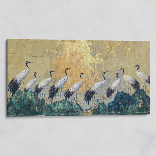 Japanese Cranes with Golden Moon Canvas on gallery wrap