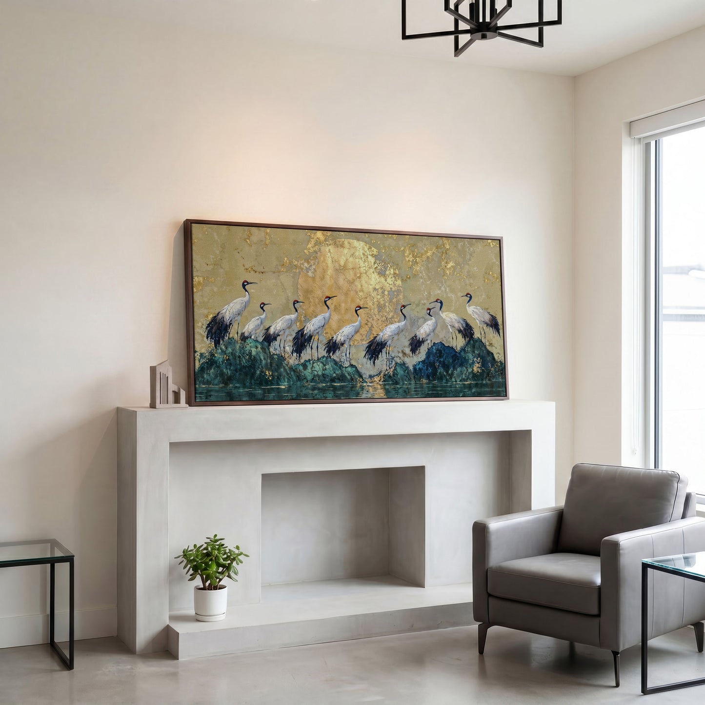 Japanese Cranes with Golden Moon Canvas in dark walnut floating frame