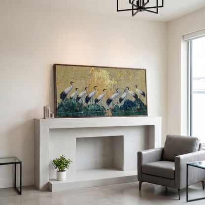 Japanese Cranes with Golden Moon Canvas in dark walnut floating frame