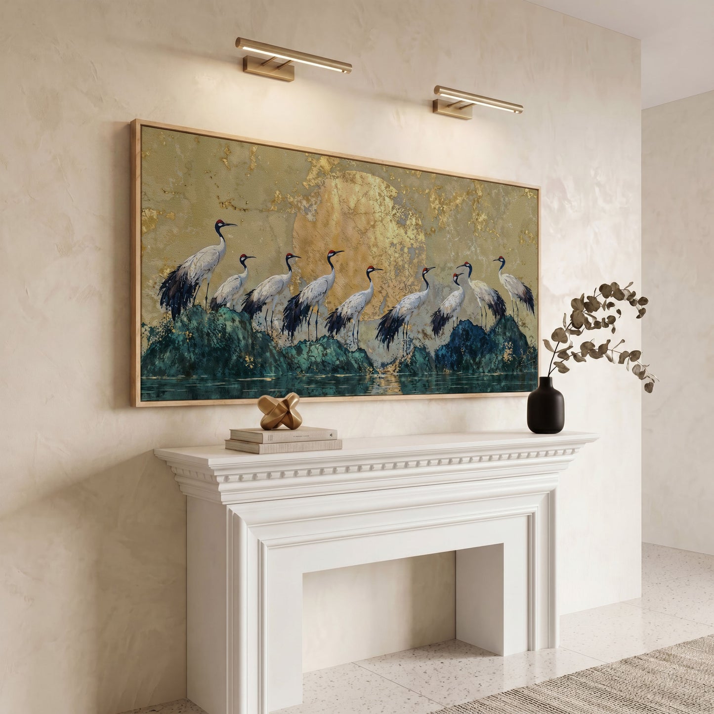 Japanese Cranes with Golden Moon Canvas in white oak floating frame