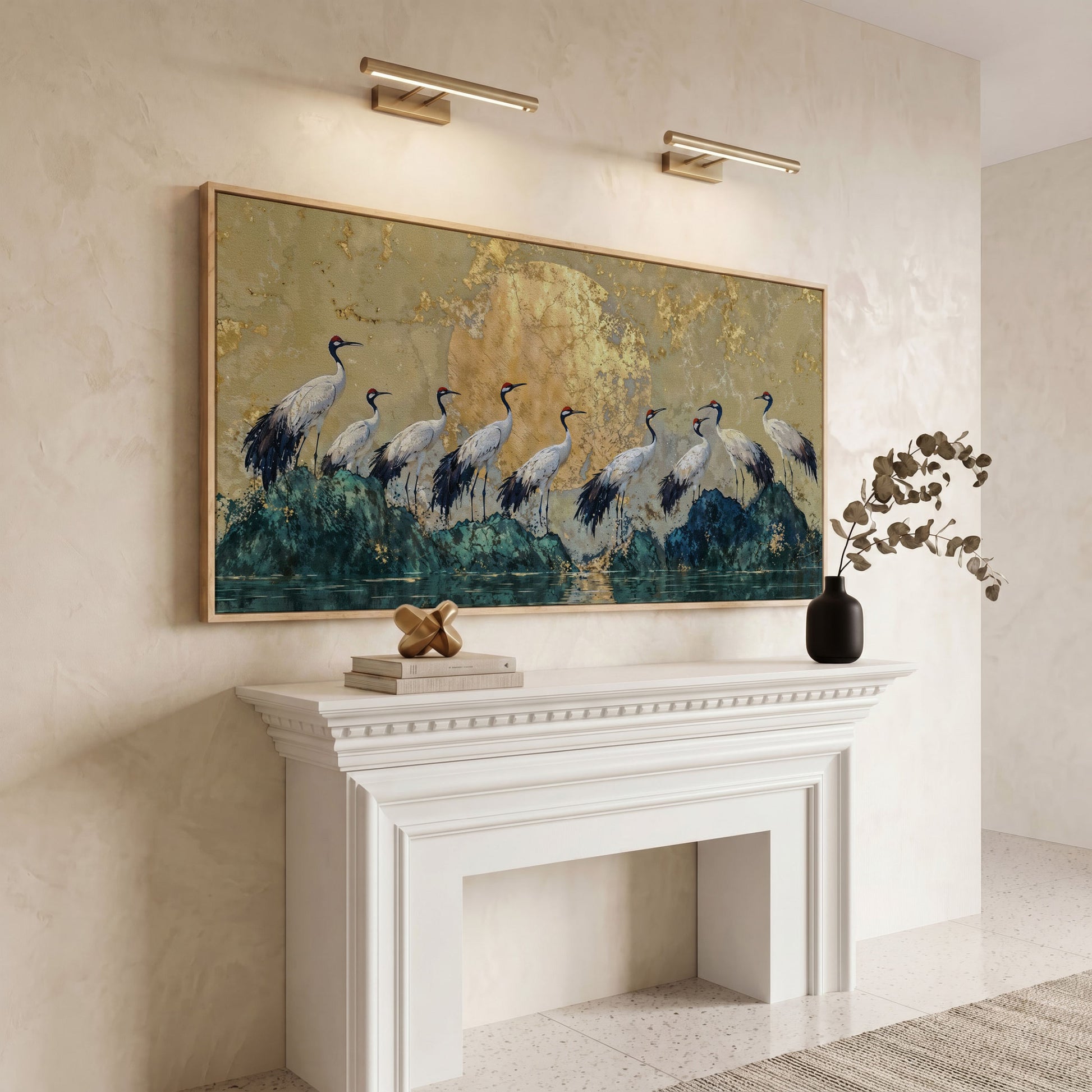 Japanese Cranes with Golden Moon Canvas in white oak floating frame