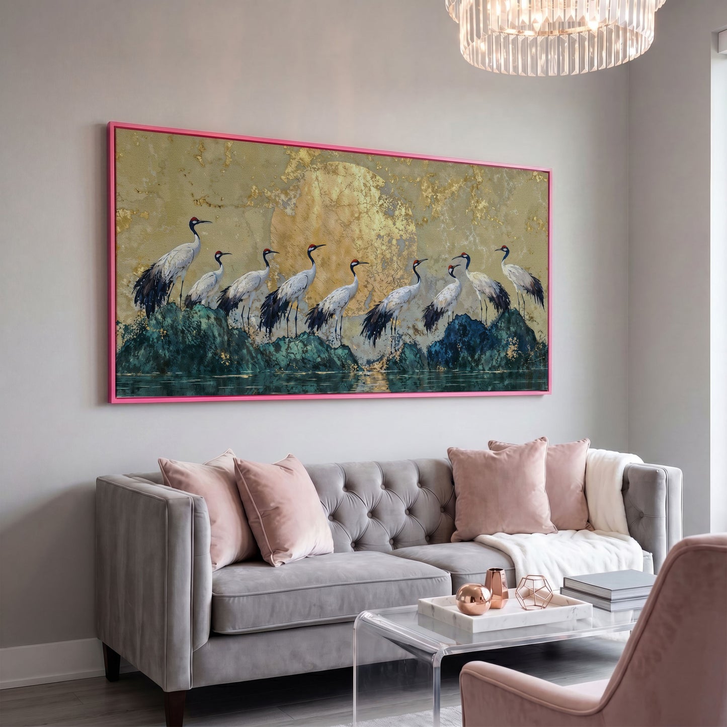 Japanese Cranes with Golden Moon Canvas in pink floating frame