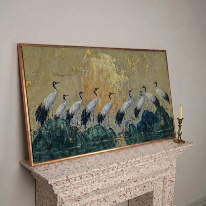 Japanese Cranes with Golden Moon Canvas in rose gold floating frame