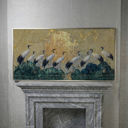 Japanese Cranes with Golden Moon Canvas in silver floating frame