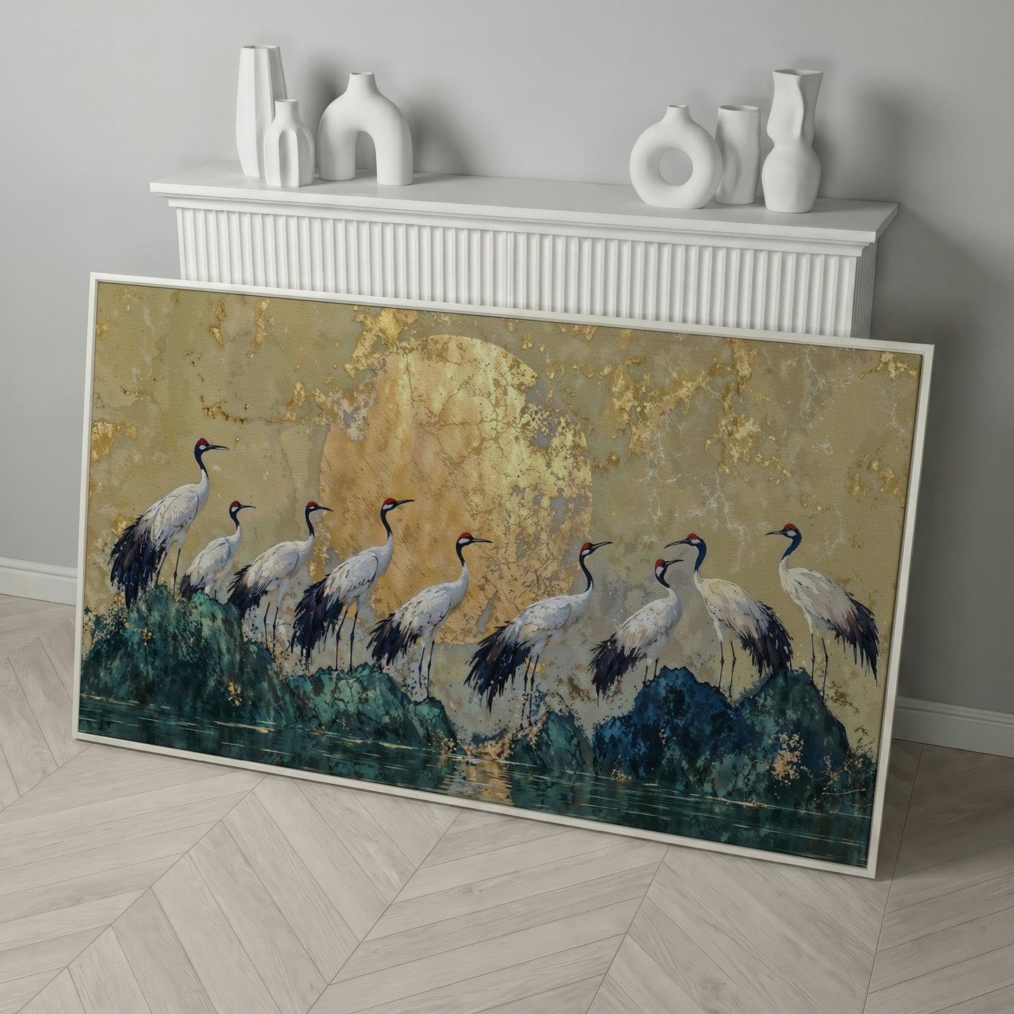 Japanese Cranes with Golden Moon Canvas in white floating frame