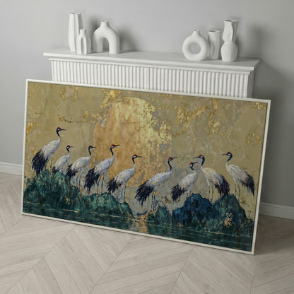 Japanese Cranes with Golden Moon Canvas in white floating frame