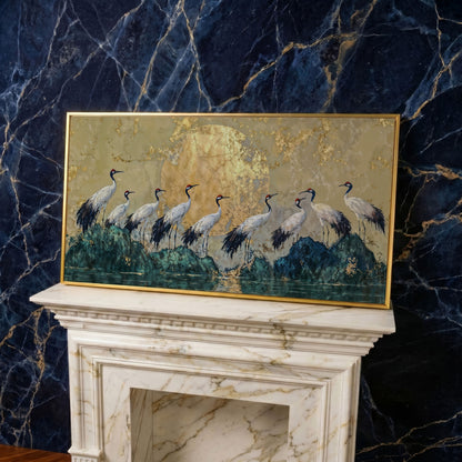 Japanese Cranes with Golden Moon Canvas in yellow gold floating frame