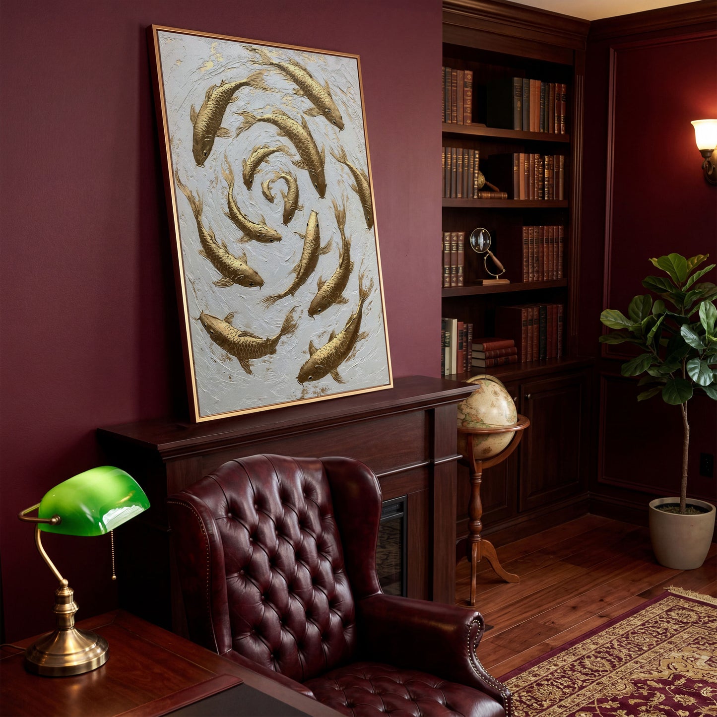 Golden Koi Fish Spiral Canvas Print in antique gold floating frame