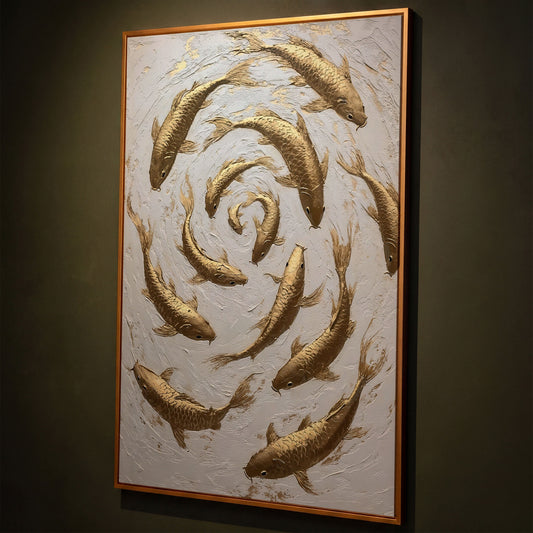 Golden Koi Fish Spiral Canvas Print shown in antique gold floating frame