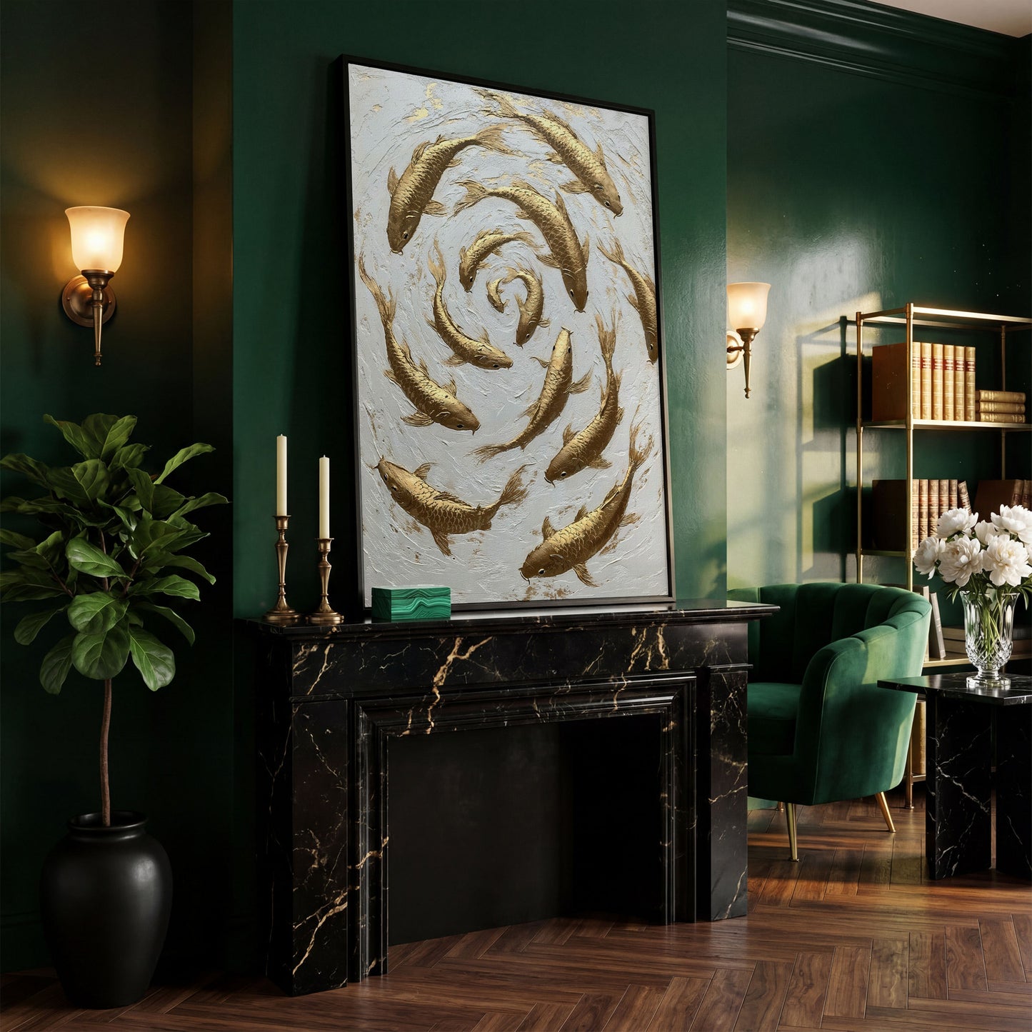 Golden Koi Fish Spiral Canvas Print in black floating frame