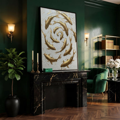 Golden Koi Fish Spiral Canvas Print in black floating frame