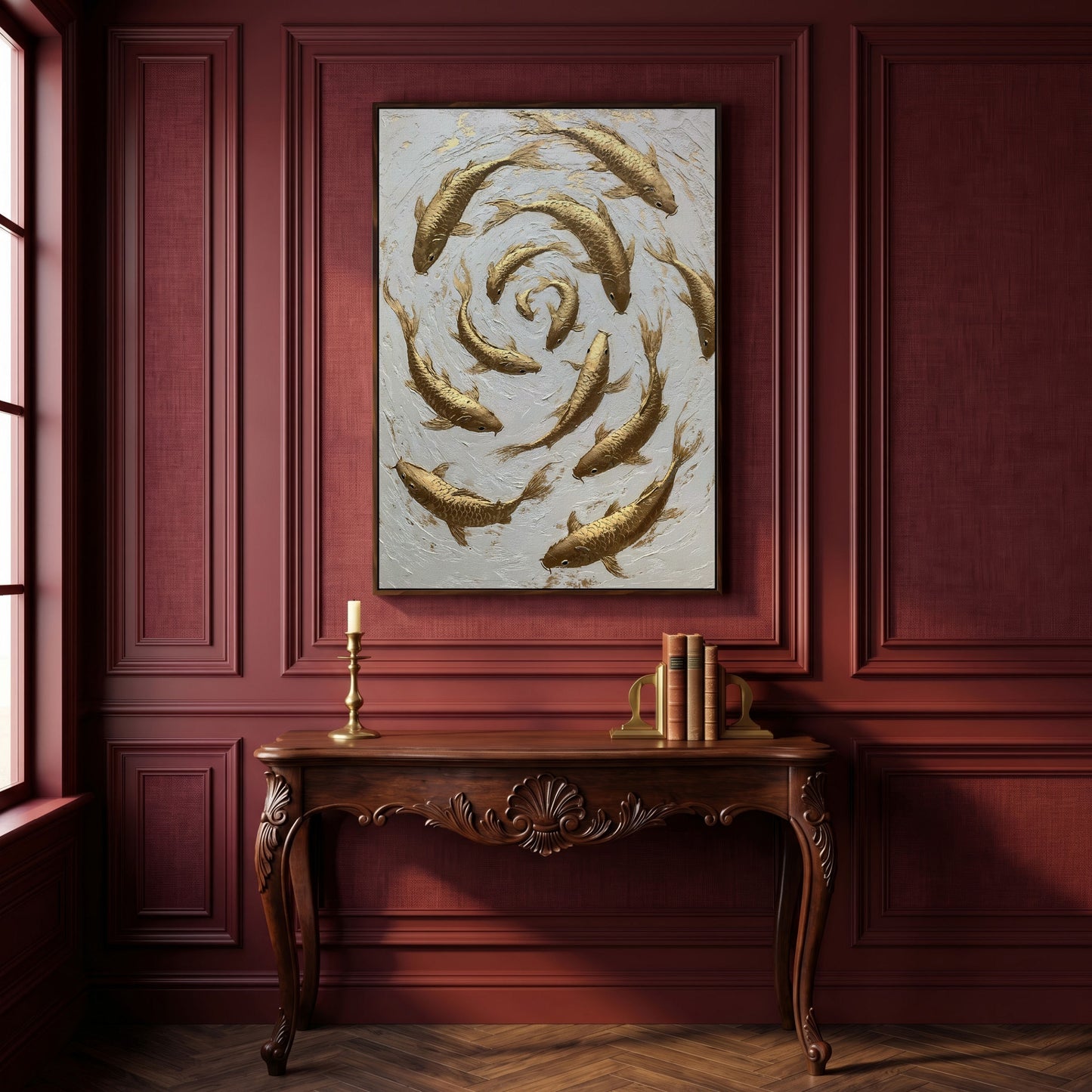 Golden Koi Fish Spiral Canvas Print in dark walnut floating frame