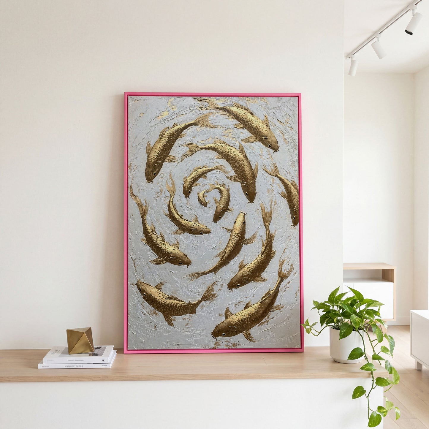 Golden Koi Fish Spiral Canvas Print in pink floating frame