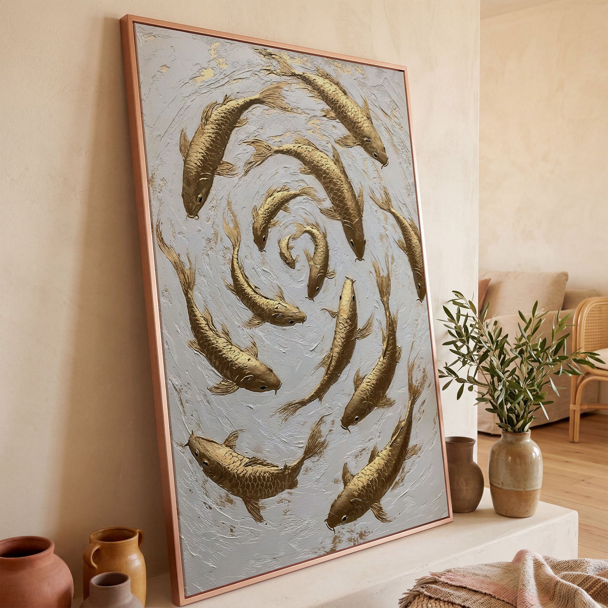 Golden Koi Fish Spiral Canvas Print in rose gold floating frame