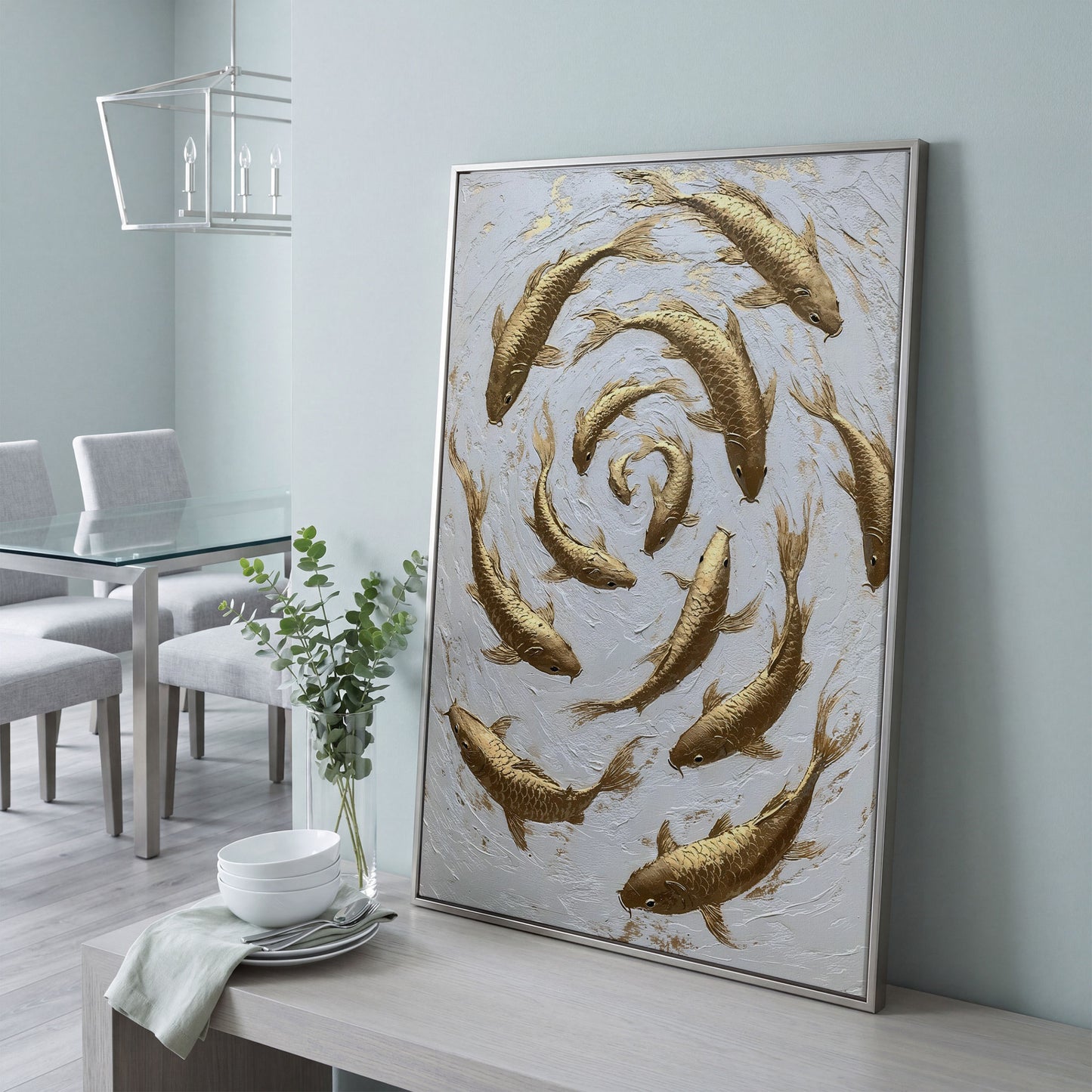 Golden Koi Fish Spiral Canvas Print in silver floating frame