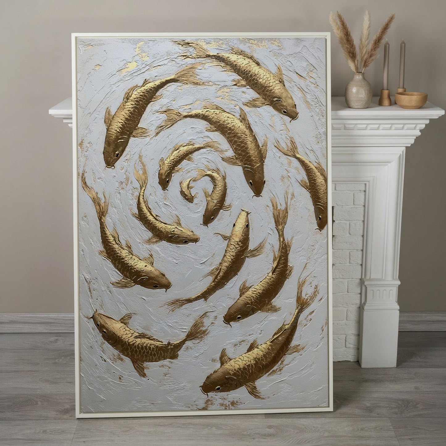 Golden Koi Fish Spiral Canvas Print in white floating frame
