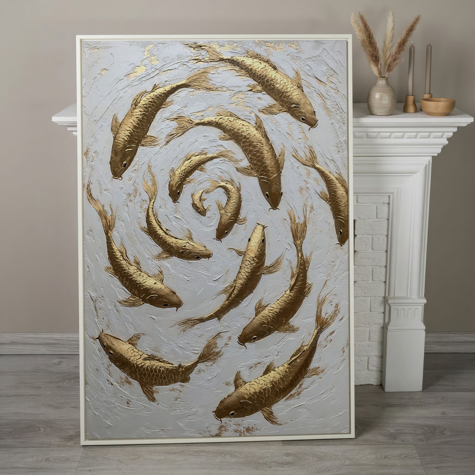 Golden Koi Fish Spiral Canvas Print in white floating frame