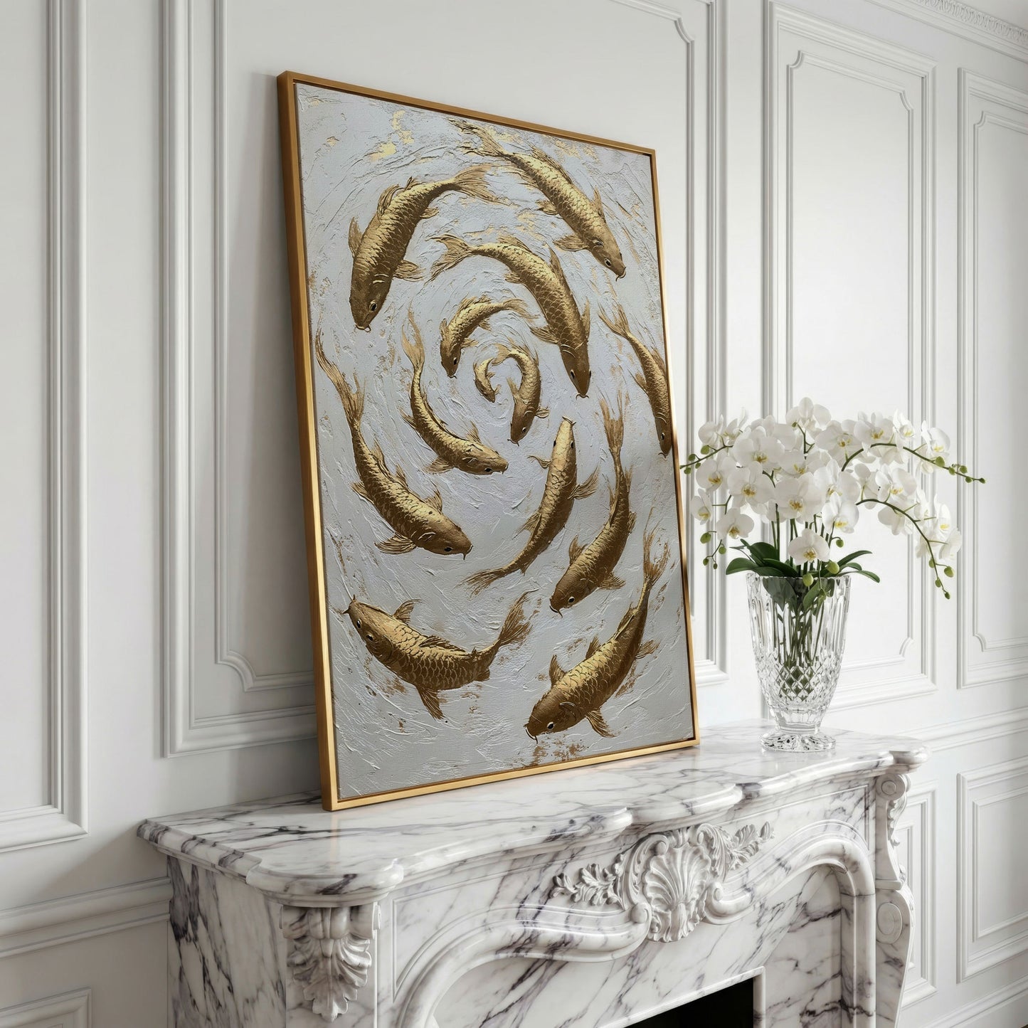 Golden Koi Fish Spiral Canvas Print in yellow gold floating frame
