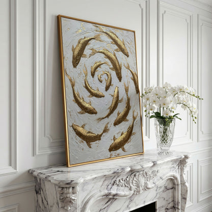 Golden Koi Fish Spiral Canvas Print in yellow gold floating frame