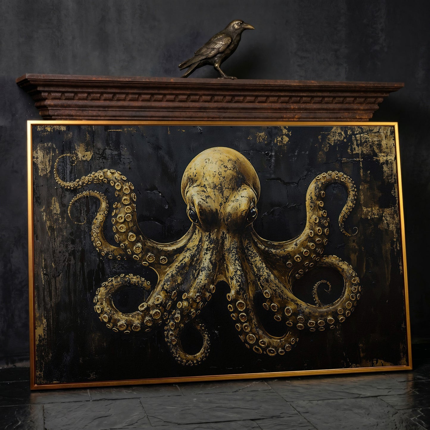 Gothic Octopus Canvas Wall Art in antique gold floating frame