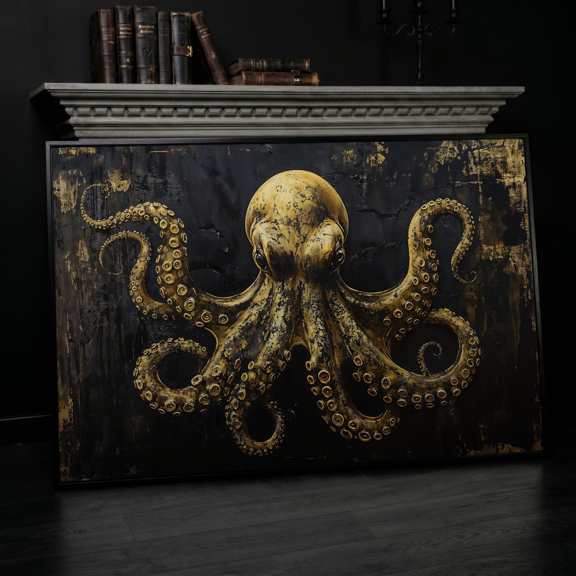 Gothic Octopus Canvas Wall Art in black floating frame