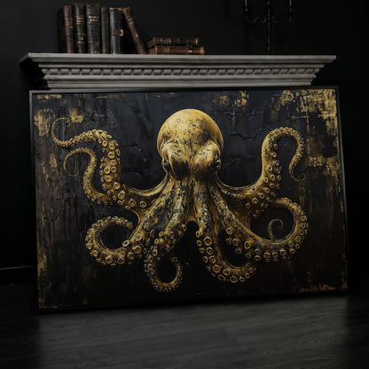 Gothic Octopus Canvas Wall Art in black floating frame
