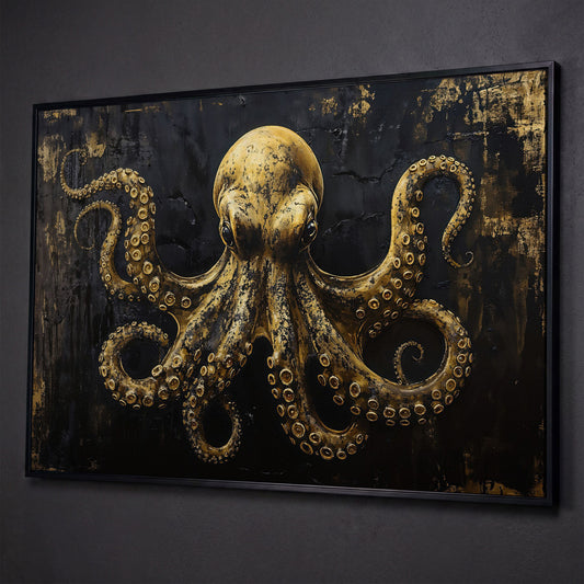 Gothic Octopus Canvas Wall Art shown in black floating frame