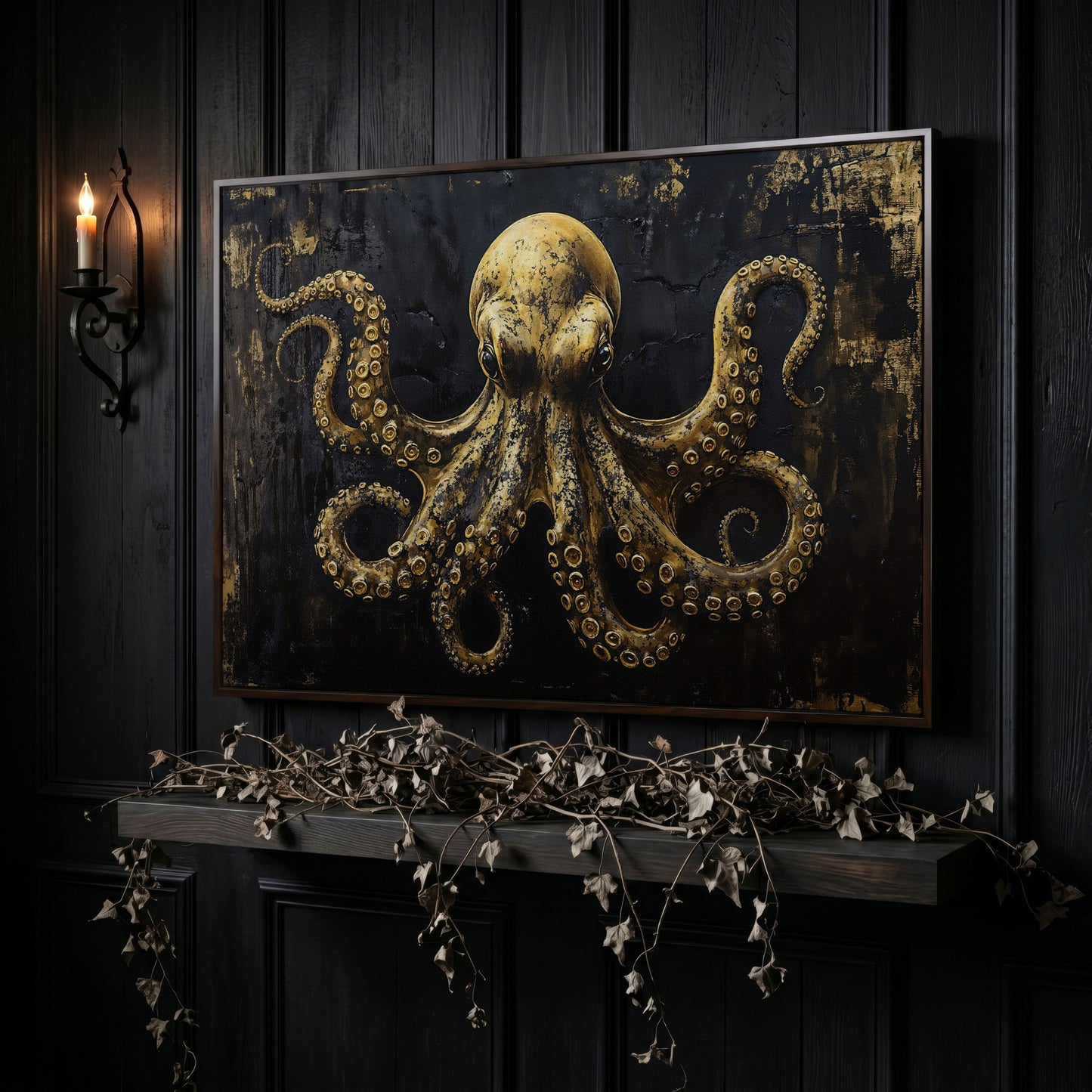 Gothic Octopus Canvas Wall Art in dark walnut floating frame
