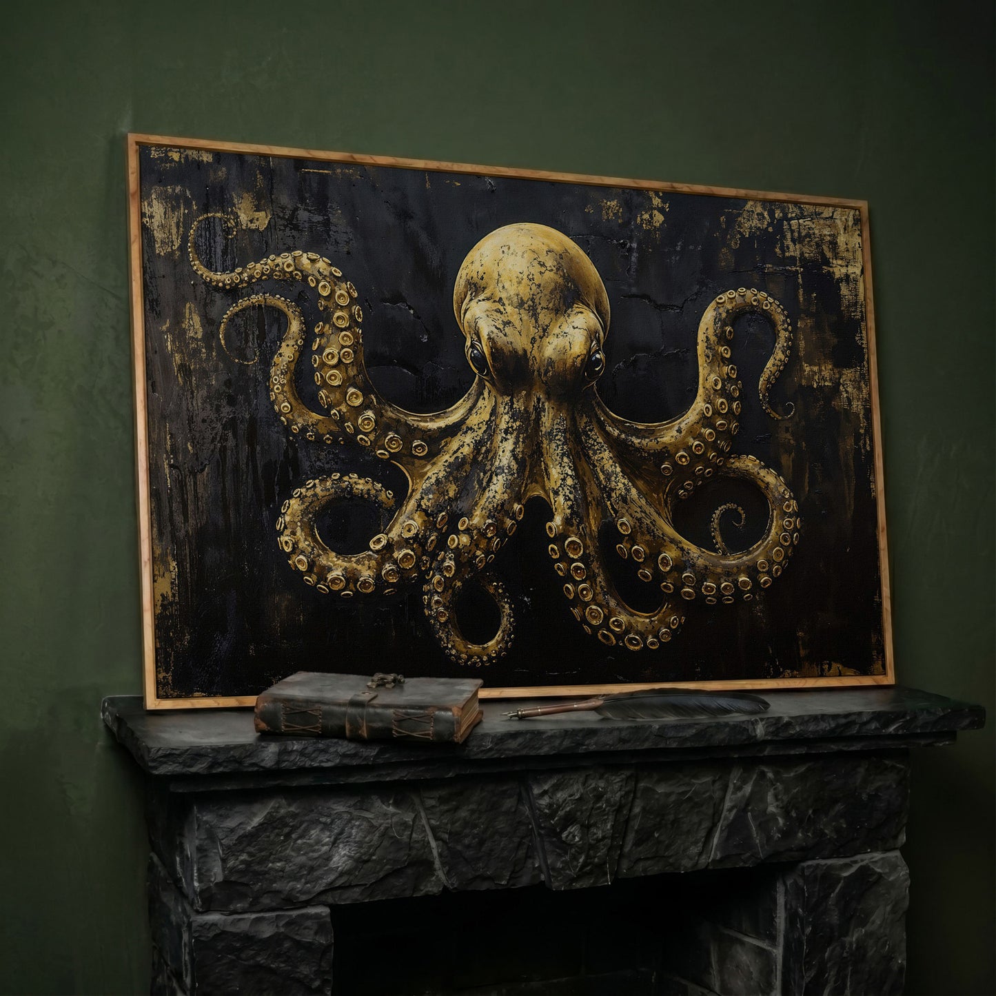 Gothic Octopus Canvas Wall Art in white oak floating frame