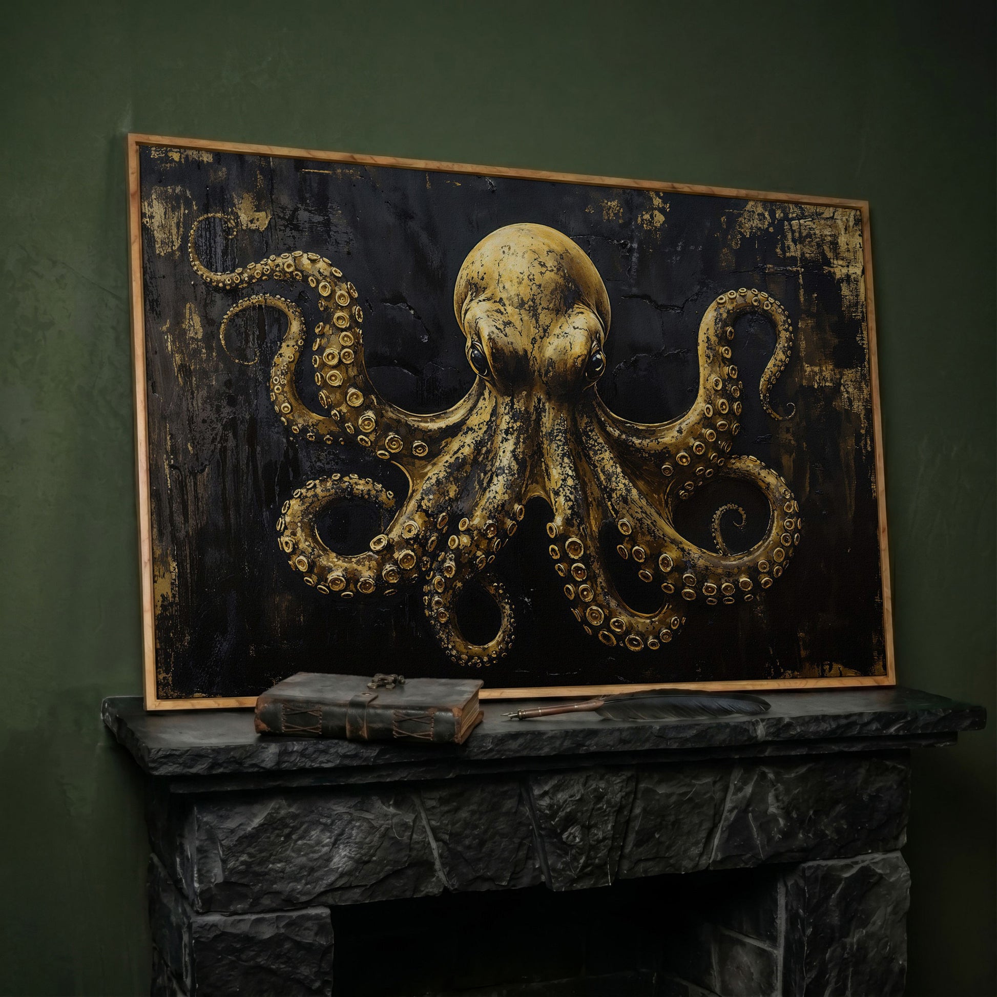 Gothic Octopus Canvas Wall Art in white oak floating frame
