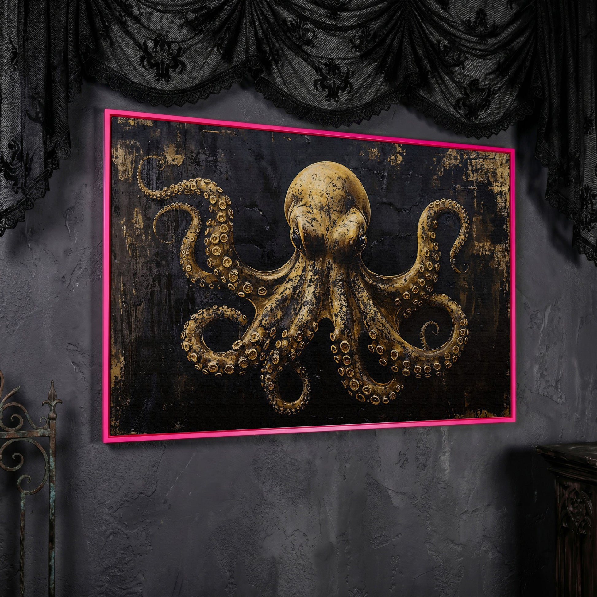 Gothic Octopus Canvas Wall Art in pink floating frame
