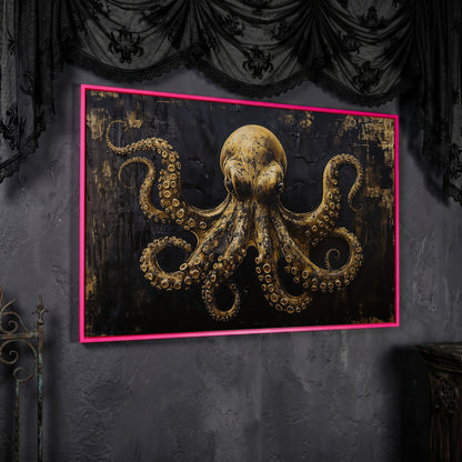 Gothic Octopus Canvas Wall Art in pink floating frame