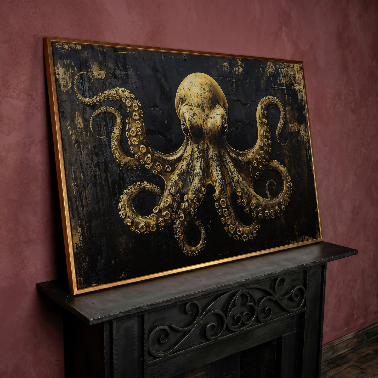 Gothic Octopus Canvas Wall Art in rose gold floating frame