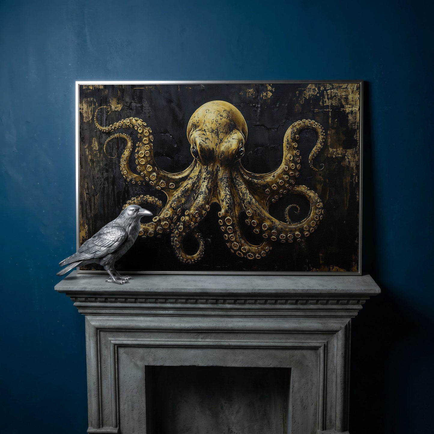 Gothic Octopus Canvas Wall Art in silver floating frame
