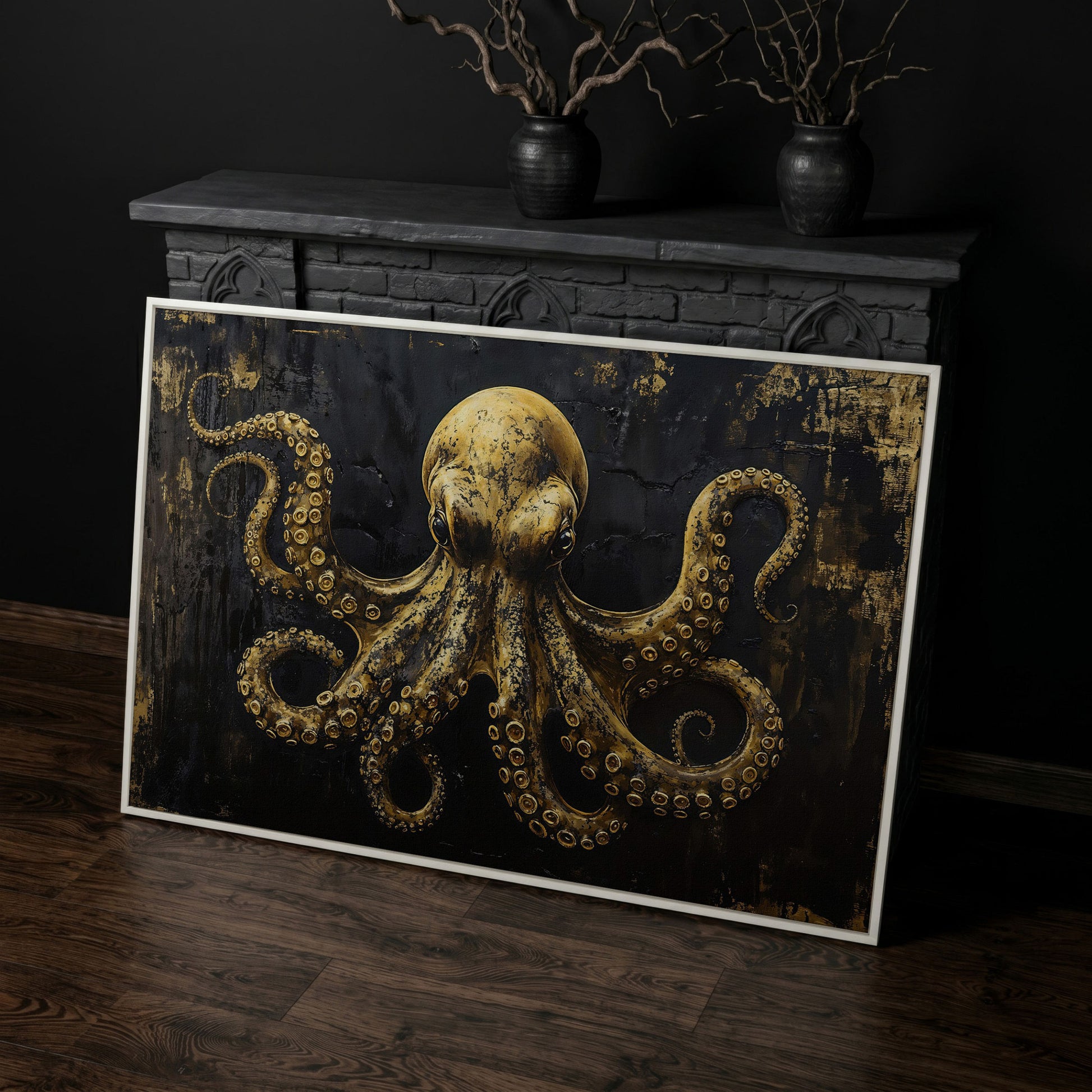 Gothic Octopus Canvas Wall Art in white floating frame