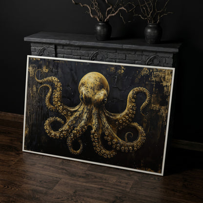 Gothic Octopus Canvas Wall Art in white floating frame