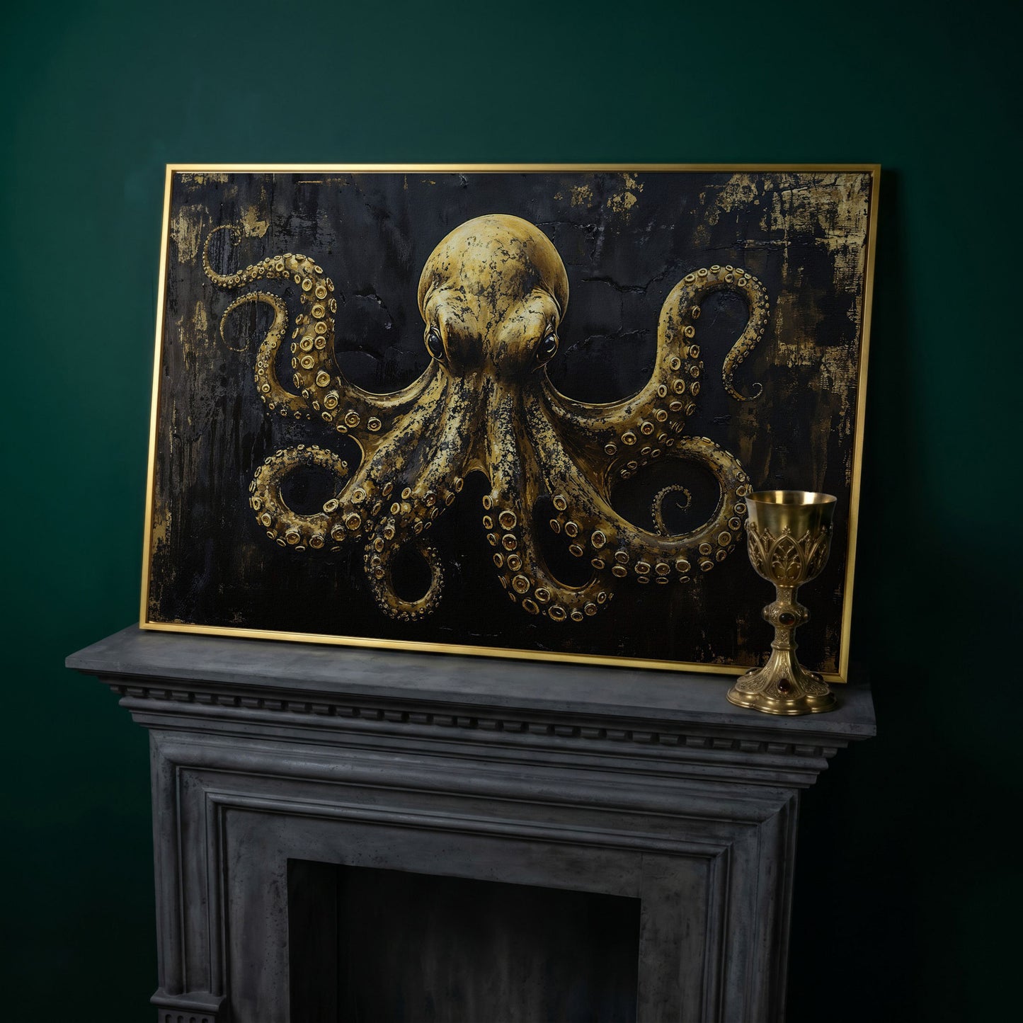 Gothic Octopus Canvas Wall Art in yellow gold floating frame