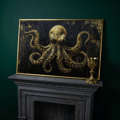 Gothic Octopus Canvas Wall Art in yellow gold floating frame