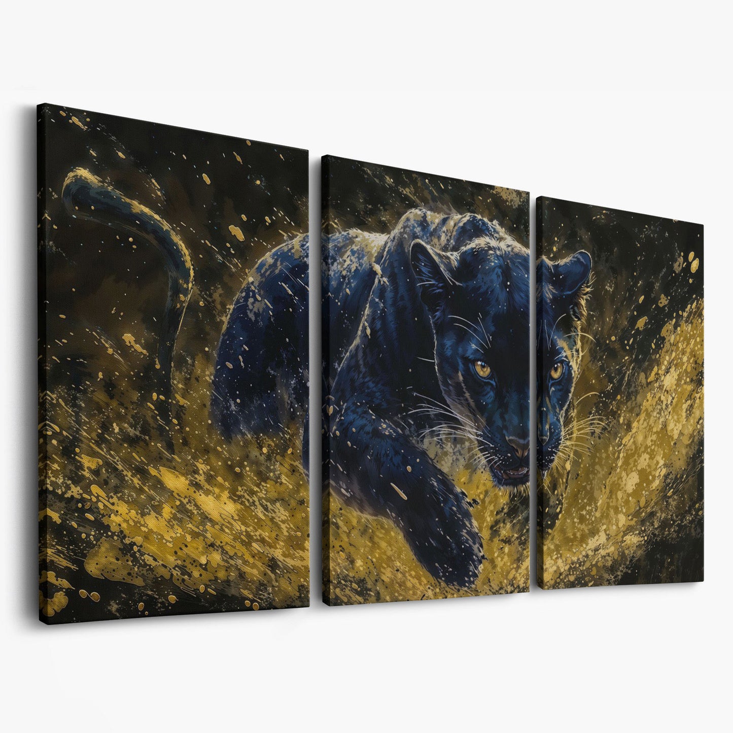 Black Panther in Golden Motion Canvas Print as 3-panel split version