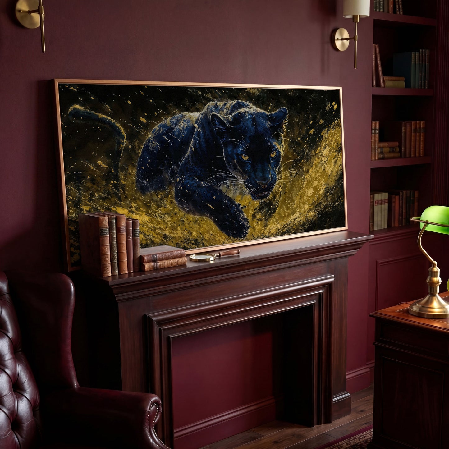 Black Panther in Golden Motion Canvas Print in antique gold floating frame