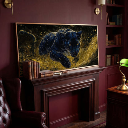 Black Panther in Golden Motion Canvas Print in antique gold floating frame