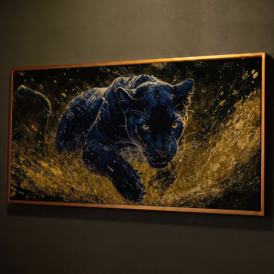 Black Panther in Golden Motion Canvas Print shown in antique gold floating frame