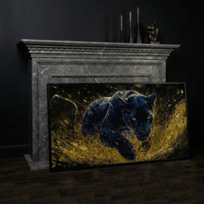 Black Panther in Golden Motion Canvas Print in black floating frame