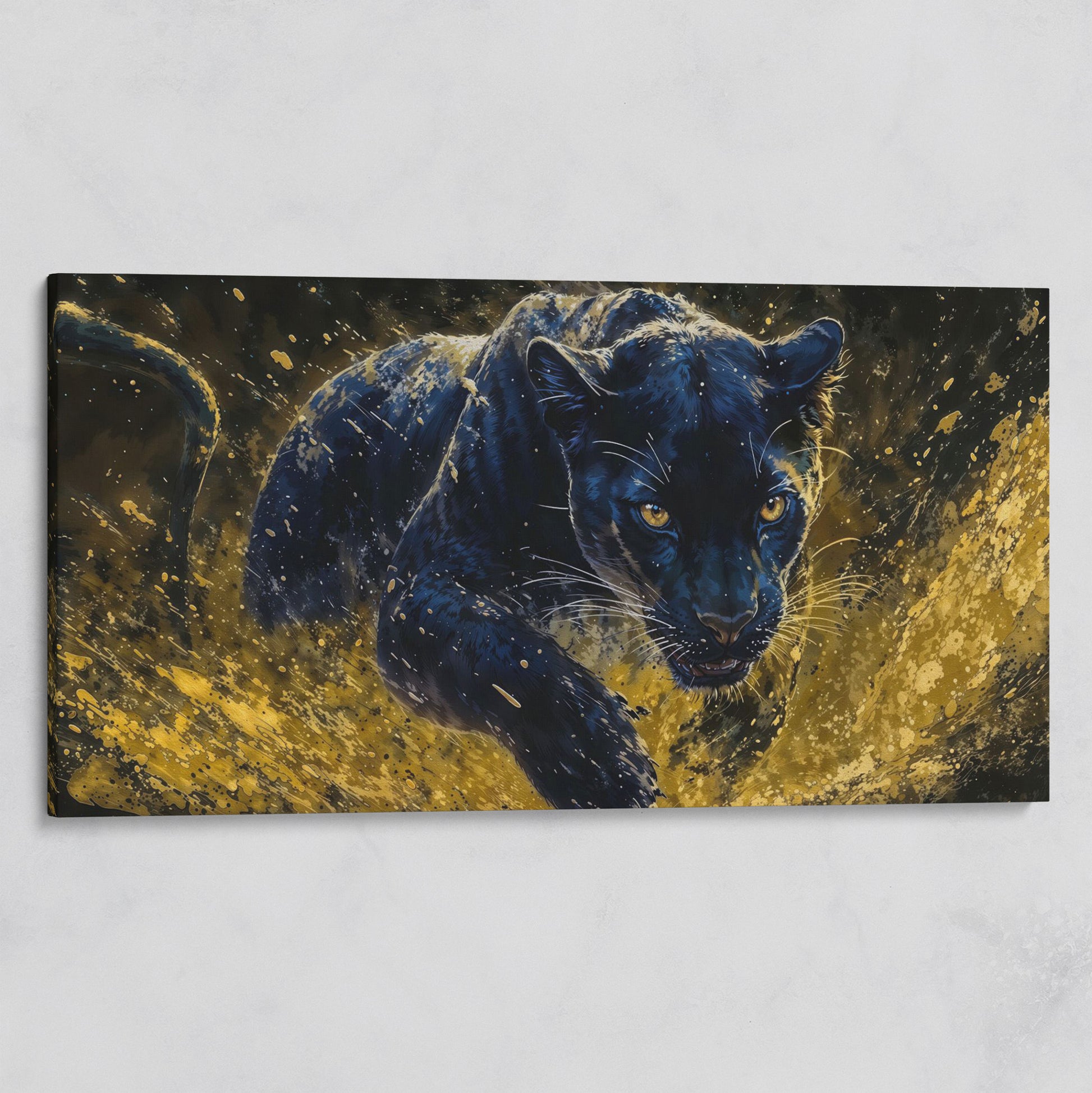 Black Panther in Golden Motion Canvas Print on gallery wrap