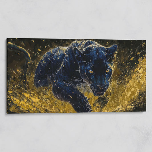 Black Panther in Golden Motion Canvas Print on gallery wrap