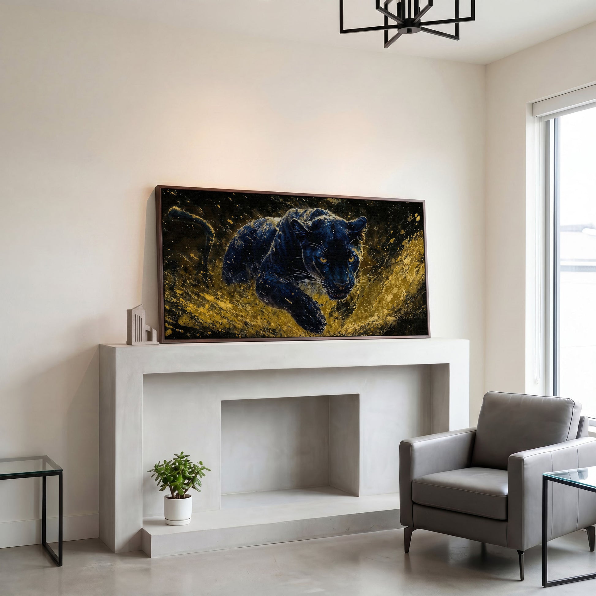 Black Panther in Golden Motion Canvas Print in dark walnut floating frame