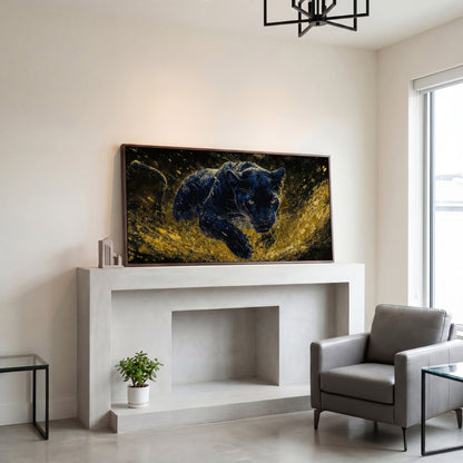 Black Panther in Golden Motion Canvas Print in dark walnut floating frame